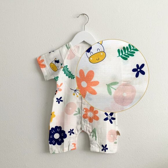 NWT Cute Flowers & Cows Girls Baby Romper Shorts Sleep N' Play One-Piece 24M